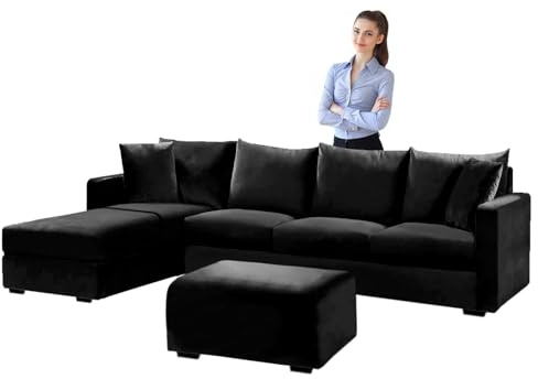 SYLC Samt Couch überzug L Form Sofabezug Ecksofa, Sofa Cover L Shape Stretch Mit Sitzkissen Rückenlehne, Universal Sofaüberwurf Waschbar (Black,Kissen Rectangular-M)