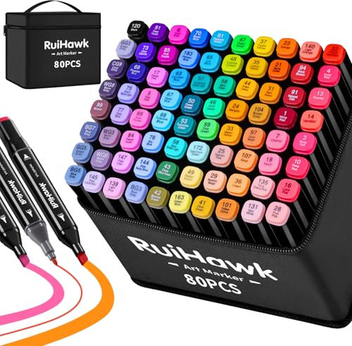 RuiHawk 80+2 Farben Alkohol Stifte Set, Meißel & Feine Verdoppelt Kunst Marker Filzstifte Set, 2 Sekunde Schnell Trocknende Alkohol Marker mit Anti-Seepage Abstandshaltern für Malerei, Design, Manga