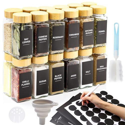 24 Pack Spice Jars with Bamboo Lids,120ml Kitchen Glass Spice Contains with 300 Labels,Pen,Hose Brush,Funnels,Spice Square Bottles for Kitchen Spice,Seasonings,Condiment Organizationand,Storage