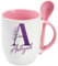 Getagift Personalised Initial with Name, Glitter Marble Alphabet, Gift for Girls, Spoon Coffee, Tea Mug. (Pink)