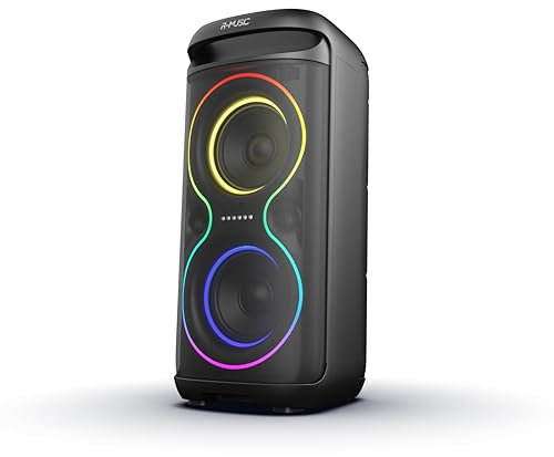 R-MUSIC – Blaster M – Enceinte High Power – Bluetooth, Lumières RGB, Mode karaoké, Poignée intégrée, Microphone Inclus, Support téléphone et Tablette intégré – Autonomie 7h