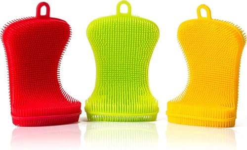 Silicone Dish Sponge 12x 6.5 x 1.6 cm, 3 Pack | Gentle and Hygienic Kitchen Silicone Sponge for Non-Scratch Dish Washing, Cleaning | Colorful Multipurpose Dish Scrubber