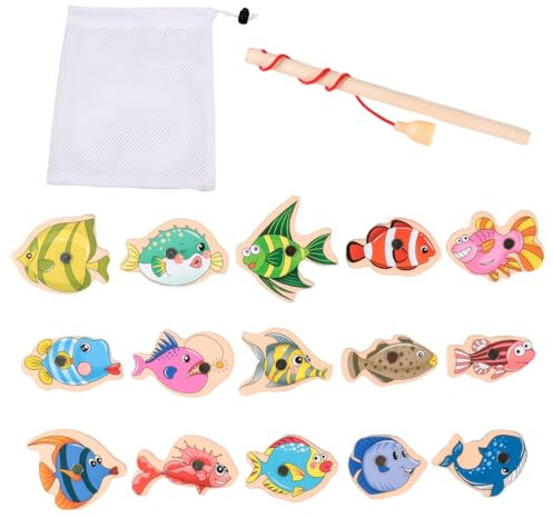DHWEKU Angeln Spielzeug, 15 Stück Magnetisches Angelspiel, mit 1 Angeln, Holzspielzeug, Lernspielzeug Geschenk für Kinder, Für Mädchen und Jungen