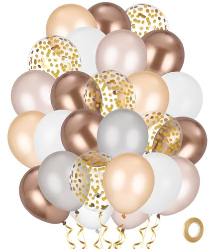 60 Stück Luftballons Beige Weiß, Luftballons Golden Konfetti, Aprikose Creme Weiss Nude Gold Ballons, luftballons hochzeit Set mit 1 Rollen goldener Band, Für Hochzeit,Babyparty,Abschlussfeier