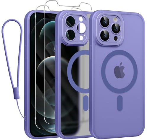Phoona Cover Magnetica per iPhone 12 Pro Max 6,7 con Cordino e 2 Pellicole in Vetro Temperato, Compatibile con Magsafe, Custodia Traslucida Opaca Resistente Antiurto Sottile Protettiva Case, Lilla