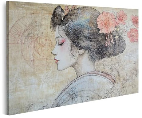 islandburner Prime Bild auf Leinwand Geisha mit Blumenzeichnung und Fächer Bilder Wandbilder Poster