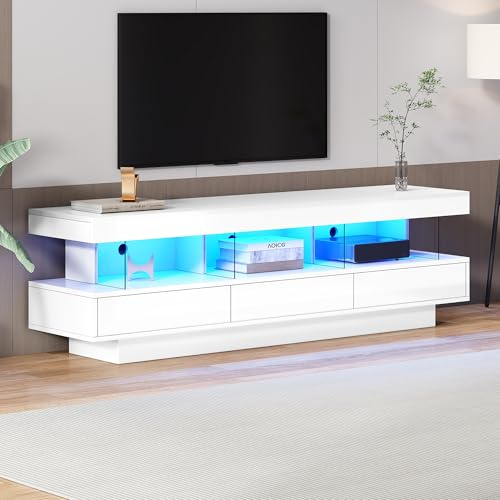 Goeria 160 * 38 * 50.5cm weißer Hochglanz-TV-Schrank mit 3 Glasfächern, LED-Beleuchtung, App-Steuerung, Bluetooth-verbunden, für 70-Zoll-TV,Hochglanz mit Glas-TV-Ständer,Smart TV-Schrank
