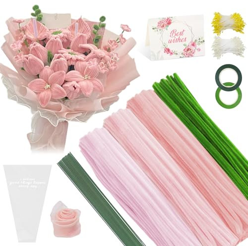 YSUVIN Pfeifenreiniger Blumen Set 785 Stück, Rosa Grün Pfeifenputzer zum Basteln mit Staubgefäße, Blumenstiel, Fischschwanzgarn, Klebeband, Geburtstag Karte und Blumentasche für Blumen DIY