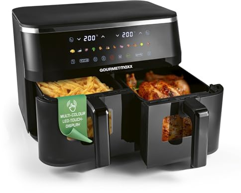 GOURMETmaxx Doppelkammer Heißluftfritteuse - 2 x 4,5 L | Synchro-Garzonen Airfryer | Fritteuse mit LED-Touchscreen, Farb-Icons | Heißluftfritteuse 2 Kammern mit 12 Programmen und 2 Frontsichtfenstern
