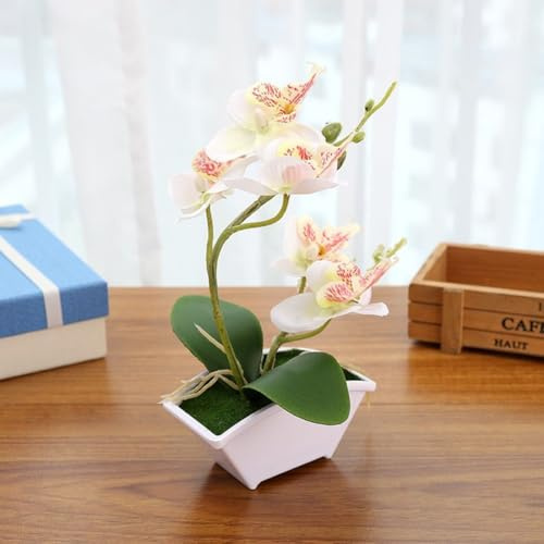 BlesConi Bonsái artificial de orquídea mariposa con maceta para decoración de mesa del hogar, tela realista y acento floral de plástico para sala de estar, oficina, hotel o cafetería (blanco)
