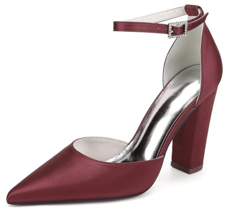 LRMYMHY Chaussures De Mariage en Satin À Bretelles De Cheville pour Femmes Talons À Talons Blocs Talons De Mariée À Bout Pointu,Burgundy,39 EU