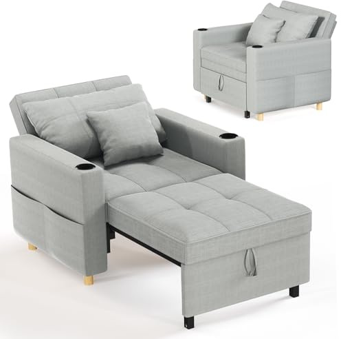 YODOLLA Schlafsofa, 93cm Extrabreit Schlafsessel mit Bettfunktion, Grau | Verstellbarer Rückenlehne, Getränkehalter, 3-in-1 Schlafcouch Einzelsessel mit Bettkasten&Schlaffunktion für Wohnzimmer