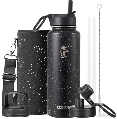 Coolflask 1.2L Insulated Water Bottles with Straw & 3 Leakproof Lids