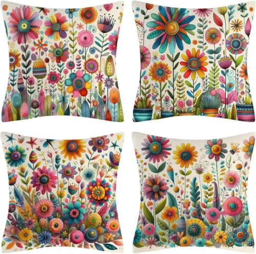 Hopomoon 4er Set Kissenbezug 45x45 cm weißes Leinen Boho Blumen Dekokissen, Naturleinen Kissenhülle Sofakissen Bezug Landhaus Stil Wohnzimmer Sofa Balkon Terrasse