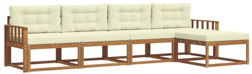 vidaXL Outdoor-Sofagarnitur mit Kissen 5 pcs Natur und Creme, Outdoor-Möbel-Set, modernes Patio-Sofa, wetterfestes Lounge-Set, Latten-Sofa, modulares Sofa