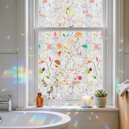 Fensterfolie Blickdicht Selbsthaftend,Sichtschutzfolie Fenster Innen Statische Fensterfolie ohne Kleber,Fenster Folie Blickschutz fürKüche und Bad EIN Frühlingsbild 44X200CM
