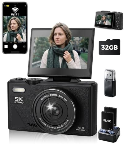 JYUHA 5K 75MP Digital Camera, Autofocus Vlogging Camera with Flip Screen | Digital Camera with 32G SD Card and 2 Batteries,180° Flip Screen 16X Digital Zoom for Teenagers Beginners Youtube Photography