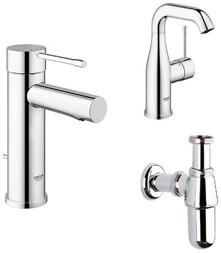 Grohe Essence Einhand-Waschtischbatterie (mit Zugstange) 32898001 + 2x Waschtischarmatur 23463001, glatter Körper, M-Size + Geruchverschluss 28920 für Waschtische 1 1/4 chrom 28920000