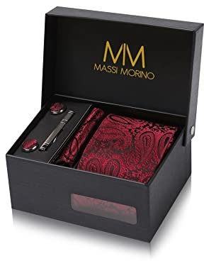 Cravate Hommes Paisley bordeaux et mouchoirs de poche, boutons de manchette et Pinces à cravates | Coffret cadeau | Accessoires de Fete de Mariage