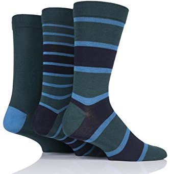SockShop Men's Comfort Cuff Socks - Striped and Plain Soft Breathable & Cooling Bamboo Material Multipack of 3 Pairs Navy/Green 12-14