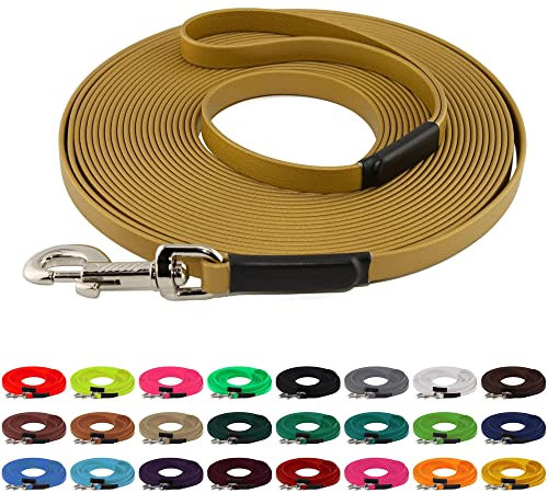 LENNIE BioThane Schleppleine, 19mm, Hunde ab 35kg, 30m lang, mit Handschlaufe, Gold, genäht