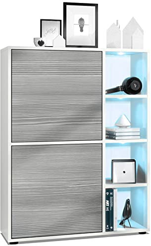 Vladon Highboard Schrank Anrichte Cuba mit 8 Fächern, Made in Germany, Korpus in Weiß matt/Fronten in Avola-Anthrazit, mit RGB LED Beleuchtung