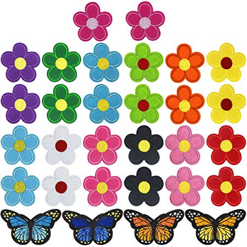 30 Stück Blumen Schmetterlinge Bügelflicken, Stickerei Nähen Iron on Flicken, Eisen auf Applikationen Patches Sticker, Reparatur Dekorative Aufnäher zum Aufbügeln für Kleidung Jean Jacken Tasche