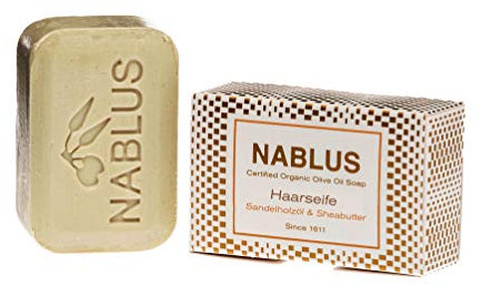 Nablus Soap Haarseife, Sandelholzöl & Sheabutter, biozertifizierte Olivenölseife für die Haare, auch als Bartseife ideal, PALMÖLFREI, parfümfrei, 100g