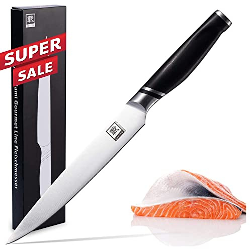 zayiko NAMI Fleischmesser und Tranchiermesser 20 cm aus deutschem Edelstahl | Schmale Klinge, beidseitiger 15°-V-Schliff, 55 ± 1 HRC, schwarzer ABS-Griff, für Fleisch, Braten & Geflügel, mit Geschenkbox.