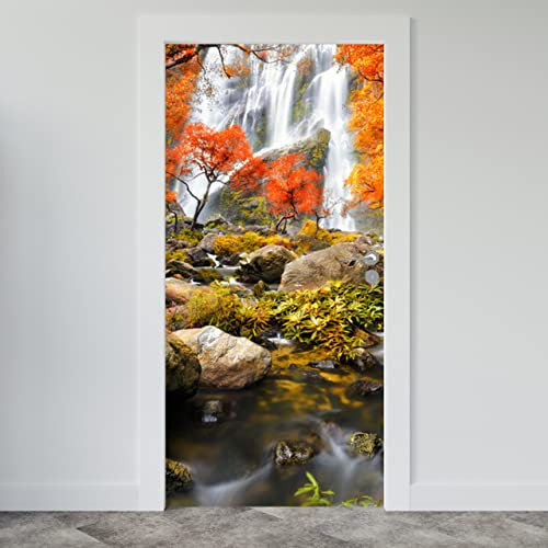 Estika Türtapete selbstklebend - Herbst Wasserfall - 95x205 cm - Einem Bogen Türposter, Natur Landschaft Türaufkleber, Aufkleber PVC Folie, Klebefolie für türen, Tür tattoo, Modern decoration