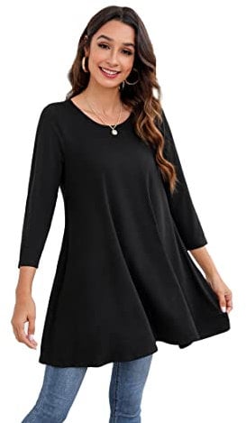 Enmain Black Tunic Top for Women Causal Long Sleeve Longline Blouse Swing Tunic Top Loose Blouse T Shirt Round Neck Stretch Comfortable Holiday L