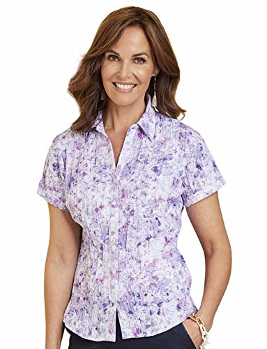 Chums Ladies Crinkle Burnout Print Blouse – Lightweight Short Sleeve Button-Through Top with Embroidered Detail Purple 14