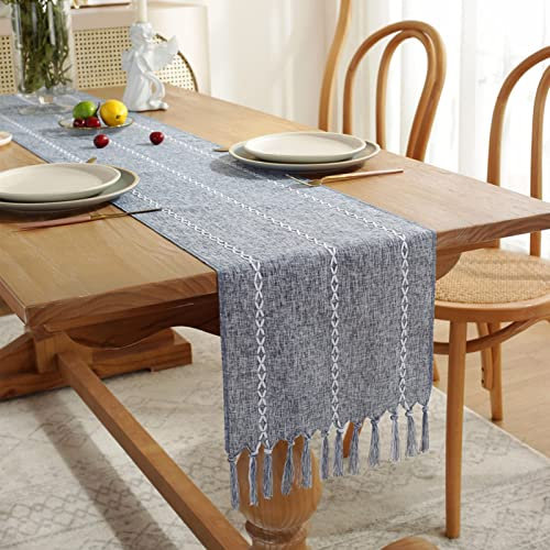 Tischläufer Boho Vintag Beige Tischläufer mit Quasten Modernes Leinen Table Runner für Hochzeit Rustikales Zuhause Bauernhaus Modern Tabletop Dekor, 183x33cm (Blau)