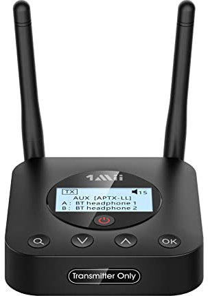 1Mii Trasmettitore Bluetooth 5.2 per TV a 2 Cuffie BT, Adattatore Bluetooth TV con Display Facile Abbinamento, Ingresso Ottico/Coassiale/AUX, aptX Bassa Latenza& Audio HD per PC/Proiettore-B06TX+