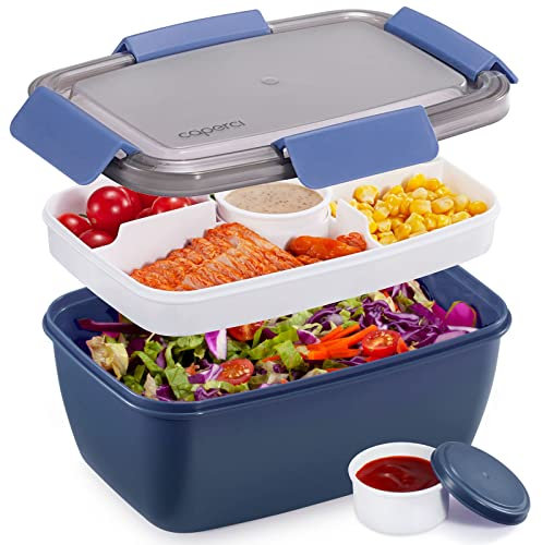 Caperci Large Salad Container Bowl for Lunch - Better Adult Bento Lunch Box 68 oz, 5-Compartment Tray, 2pcs 3-oz Sauce Cups, Stackable, BPA-Free (Navy)
