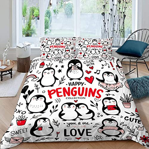 TAOLU Bettwäsche-Set Gekritzel-Pinguin 3D Motiv Bettbezug mit Reißverschluss Sommer Kinder Kuschelig Mikrofaser Handgemalt Bettbezüge Jungen Mädchen Bettwäsche 135x200 mit 2 Kissenbezug 80x80 cm