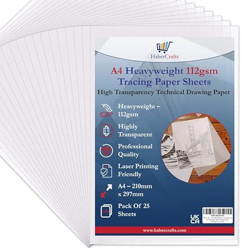 Transparentpapier, A4, 112 g/m², bedruckbar, säurefrei, hohe Transparenz, technisches Zeichenpapier zum Zeichnen, Skizzieren, Schneidern, 210 x 297 mm (A4-Größe, 112 g/m², schwer, 50 Blatt)