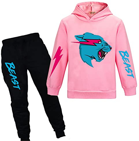 TONGQUD Mr Beast Jungen Hoodies YouTube Gamer Kleidungsset Blitzkatze Hoodie und Hose 2-tlg./Set Trainingsanzug für Mädchen, rose, 7-8 Years
