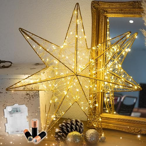 HiLight LED Weihnachtsstern 50 cm Gold - mit 150 warmweissen LEDs - batteriebetrieben + Timer - zum Aufhängen - für Innen und Aussenbereich - LED Stern Weihnachtsdekoration beleuchtet