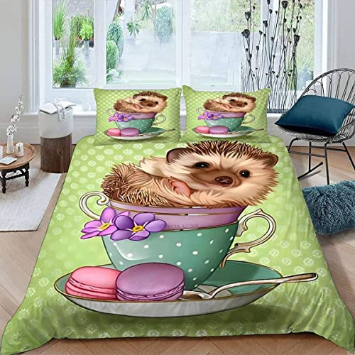 VASENA Bettwäsche 200x200cm flauschig Igel Grün Bettwäsche Set 3 Stück Weiche Mikrofaser 3D drucken Bettbezug Süße Cartoon-Tiere Jugendliche Bettbezüge mit 2 Kissenbezug 80x80