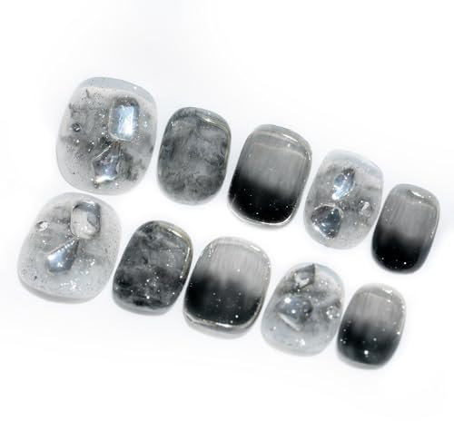 Sun&Beam Nails Handgefertigte Kunstnägel Kurz Squoval Rund Nägel zum Aufkleben in Silber Schwarz Strass Ombre Verlauf Design mit Klebepads 10 Stück (#058 L)