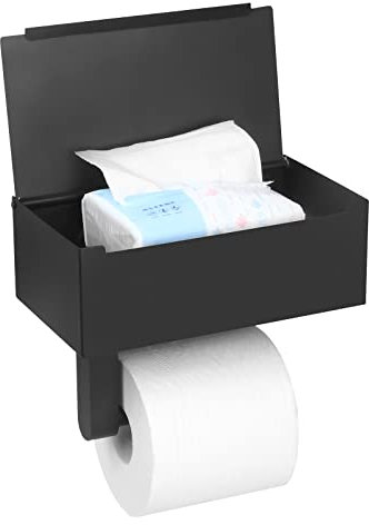 Nukeekee Toilet Paper Holder with Shelf,Wall Mount Wipes Dispenser & Storage for Bathroom,Keep Wet Wipes Hidden,Stainless Steel Bathroom Organizer Black Update Larger