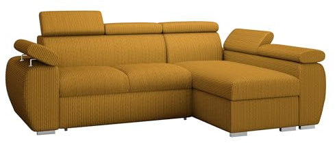 Mirjan24 Ecksofa Boston Mini Premium, Eckcouch mit Schlaffunktion und Bettkasten, Polsterecke mit Einstellbare Kopfstützen, L-Sofa, Couch, Wohnlandschaft, Stoff: Cord (Poso 01, Seite: Rechts, 2r+LC)
