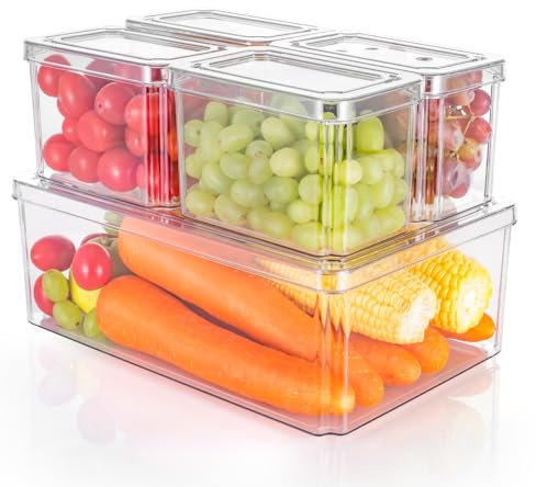 Dyserbuy Set of 5 Fridge Organisers with Lids, Clear Fridge Storage Containers, Stackable Kitchen Storage Boxs to Keep Fresh for Fruits, Vegetable, Suitable for Freezer, Pantry, Cabinet