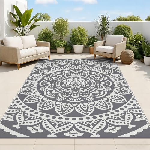 Bsmathom Wasserdichter Outdoor-Teppich, wendbar, Boho-Kunststoff, Stroh, Terrasse, Deck, Camping-Teppich, für drinnen und draußen, tragbar, Wohnmobil-Matte, Freiraum-Teppich für draußen, Veranda