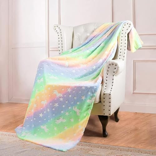 LXTOPN Kuscheldecke Kinder, Einhorn Decke Leuchtet im Dunkeln, Einhorn Decke, Flanell Wohndecke für Jungen und Mädchen(Regenbogen-Einhorn, 130×150cm)