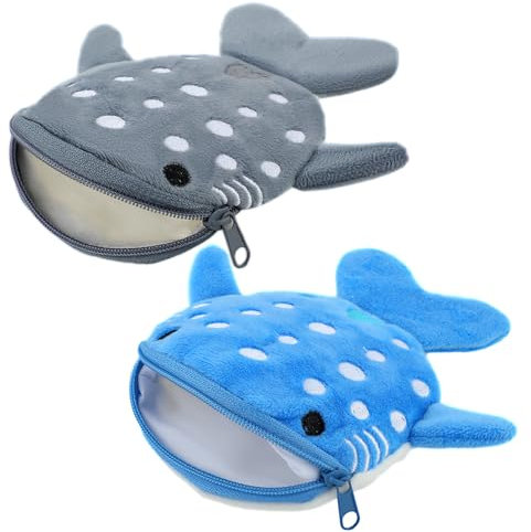 2Pcs Whale Shark Plush Coin Pouch, Mabor Cute Kawaii Wallet Whale Shark Coin Purse with Zipper Mini Cartoon Pouch Portable Sea Animal Change Purse for Girls Women