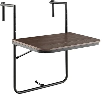 GIANTEX Tavolino Pieghevole da Balcone Nero/Marrone, Tavolo Tavolino da Ringhiera Salvaspazio Altezza Regolabile Struttura in Metallo, 72,5x64x60 cm (Marrone)
