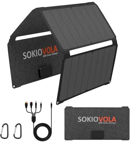 SOKIOVOLA Paneles solares plegables de 50 W, cargador de panel solar portátil, 3 puertos de salida (USB-A USB-C DC), panel solar plegable para camping, senderismo, caravana, actividades al aire libre