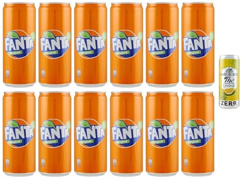12er-Pack Fanta Original,Erfrischendes Alkoholfreies Getränk mit Orangensaft,Einweg-Dose 250ml + 1er-Pack Kostenlos San Benedetto Eistee mit Zitrone Ohne Zucker 330ml Dose
